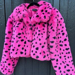 Burning Man Style Pink Faux Fur Crop Jacket – Spotted Print – Festival Ready